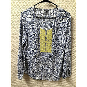 Talbots Top Women L Large Blue Yellow Beaded Long Sleeve Low‎ Neck Flaw